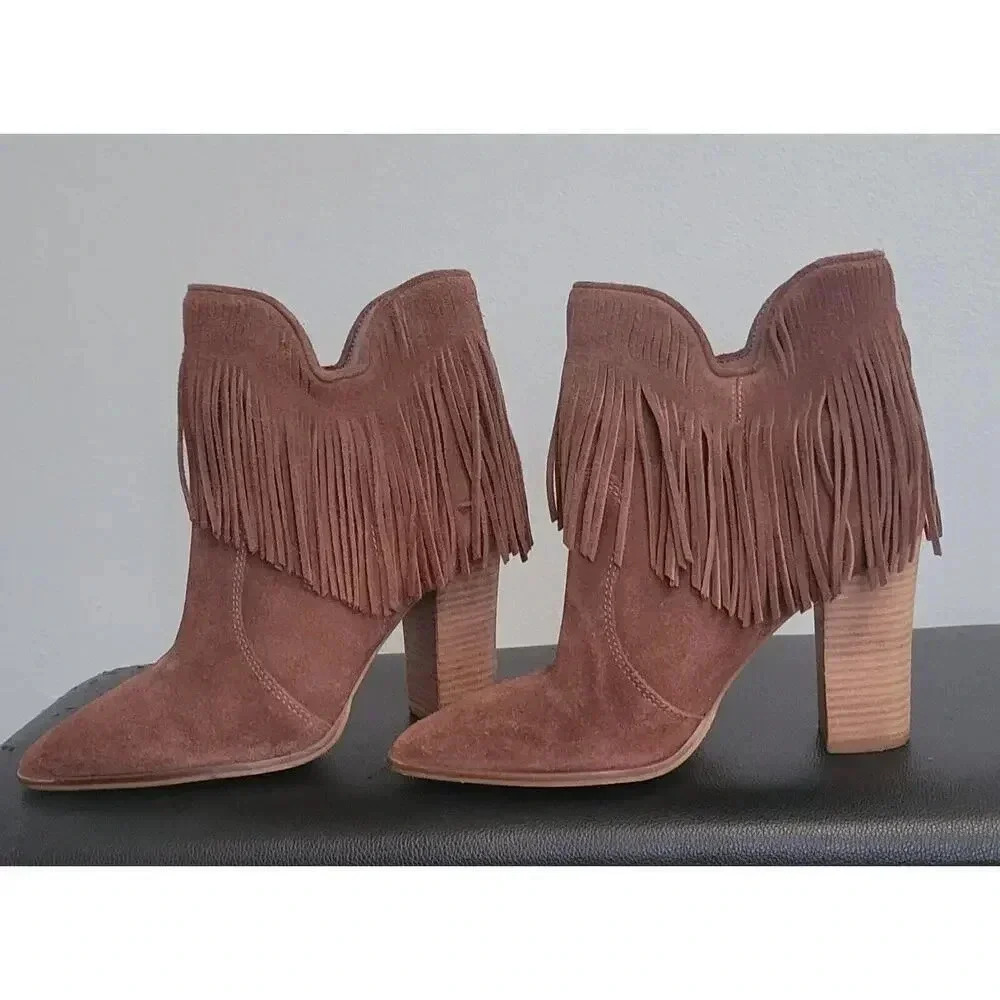 Antonio Melani Felix Stack Real Leather Heel Shaggy Fringe Booties Size 8.5 Boot